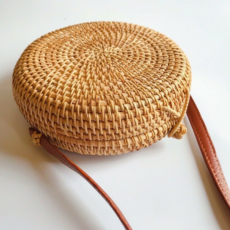 Gril Bag Handwoven Bali Round Retro Rattan Straw Beach Crossbody Bag Tops(B B7Z2