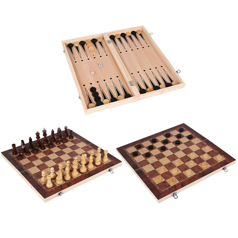 3 in 1 Wooden International Folding Chess Set Board Game Fun Toys (34x34cm)