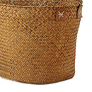 Natural Round Straw Basket Bin Handmade with Handgrip Orange 33X21X26cm