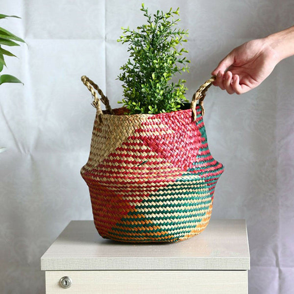 Wicker Storage Basket Planter Flowerpot Vase Holder Handled Bag Basket Red
