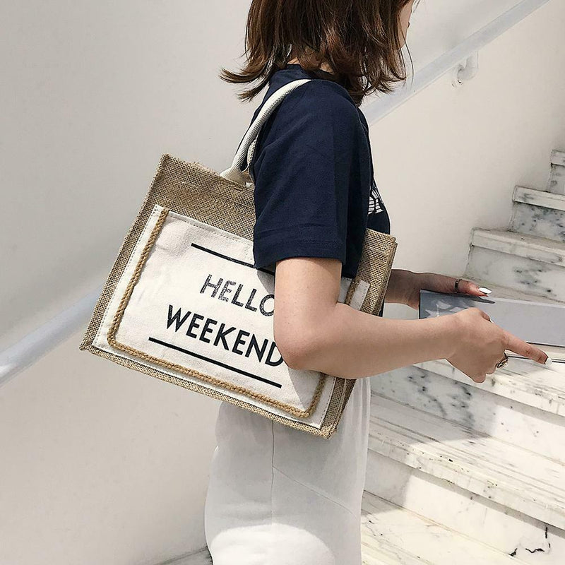 Women Linen Tote Casual Shoulder Bags Fashion Lady Print Handbags (White L) A