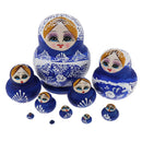 Set of 10 Pieces Hand Painted Blue Girls Russian Babushka Matryoshka Nesting