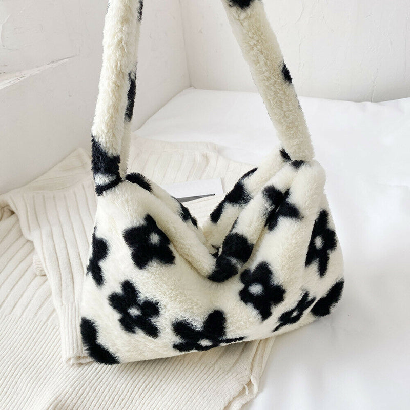 Animal Pattern Shoulder Underarm Bag Women Plush Top-handle Handbag (1)