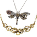 2Pcs Gears Metal Cog Necklace Dragonfly Pendant Steampunk Style for Unisex