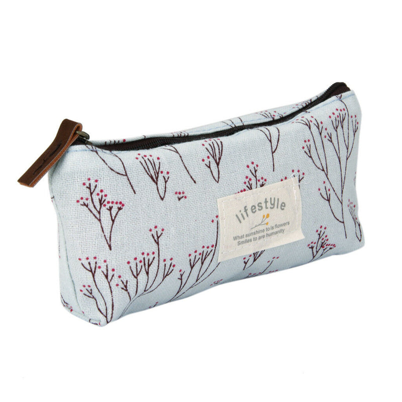 Flower Canvas Pencil Pen Case Cosmetic Makeup Bag Storage Pouch Purse Blue