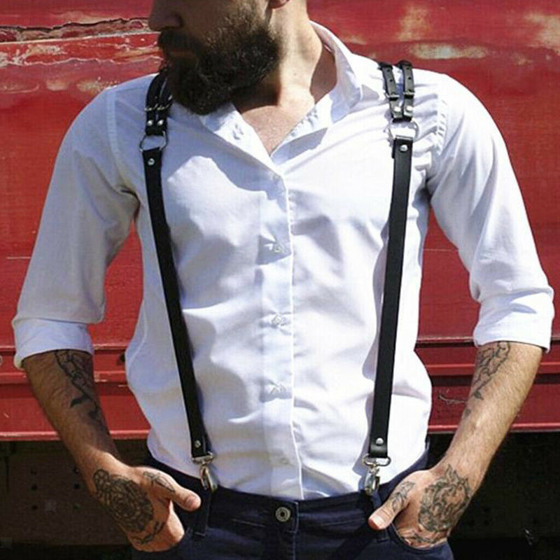 Y-back Adjustable Leather Suspenders Mens Braces
