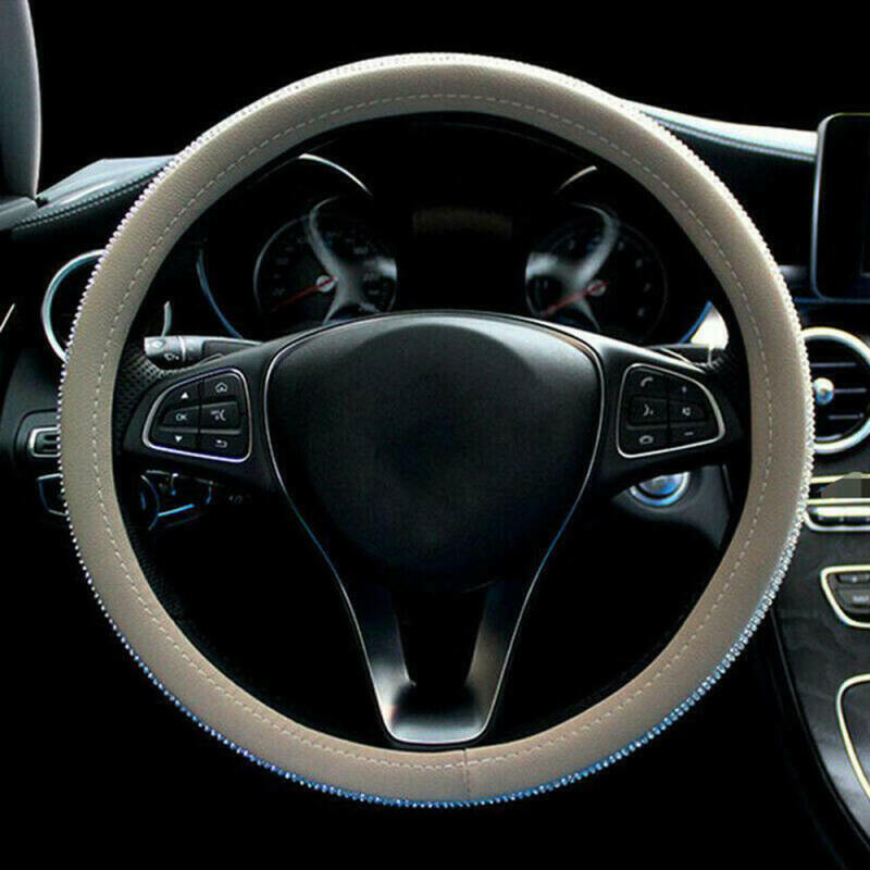 1 White 38CM Car Crystal Steering Wheel Cover PU Leather Rhinestones Beige Bling