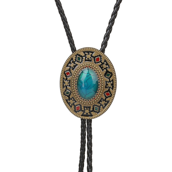 Men Bolo Tie Necklace Turquoise Stone Western Cowboy PU Leather Rope Necktie
