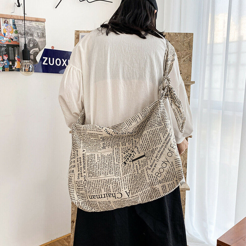 Casual Canvas Shoulder Bags Women Newspaper Print Zipper Crossbody Bags