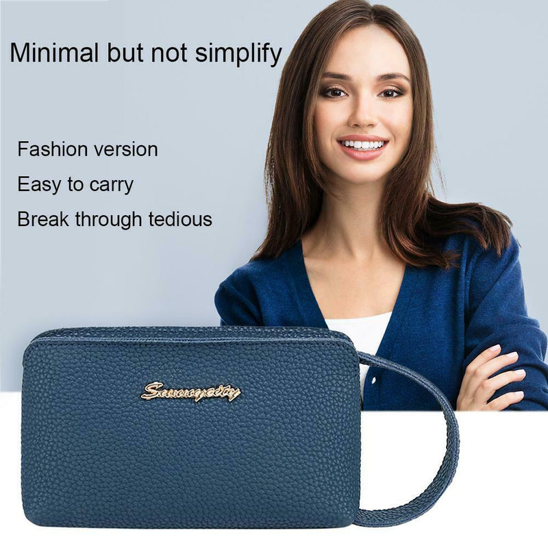 Women Handbag Leather Solid Color Money Purse Wrist Pocket Clutch (Blue)