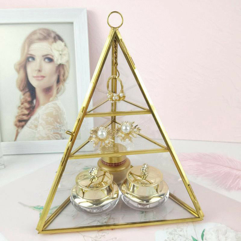 3-Tier Glass Pyramid Jewelry Stand Holder Geometric  Display Organizer Case