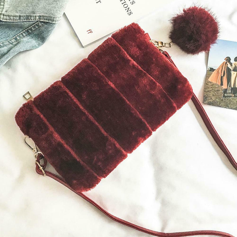 Women Clutch Fur Plush Bag Casual Handbag Winter Crossbody Bag(Wine Red)