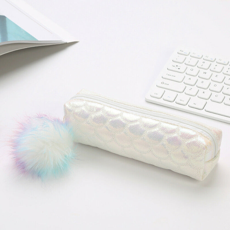 Fish Tail Sequin Pencil Case PU Pompom Pencil Bag School Stationery (White) A