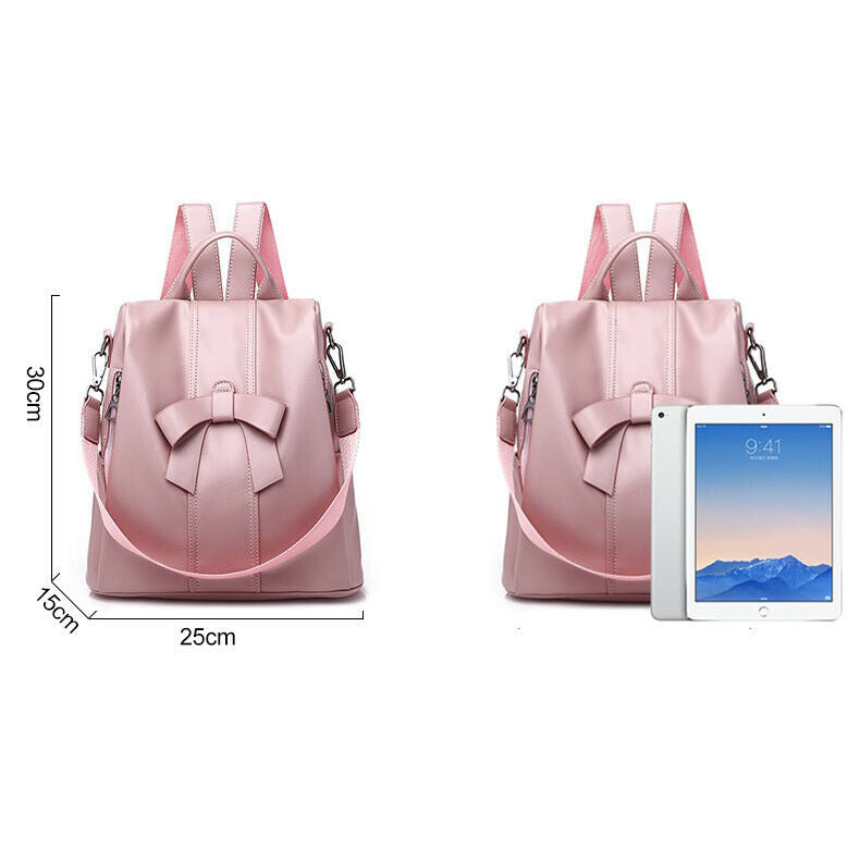 Women'S Shoulder Backpack Soft Leather Sweet Lady Bow Casual Travel Backpac U5E6