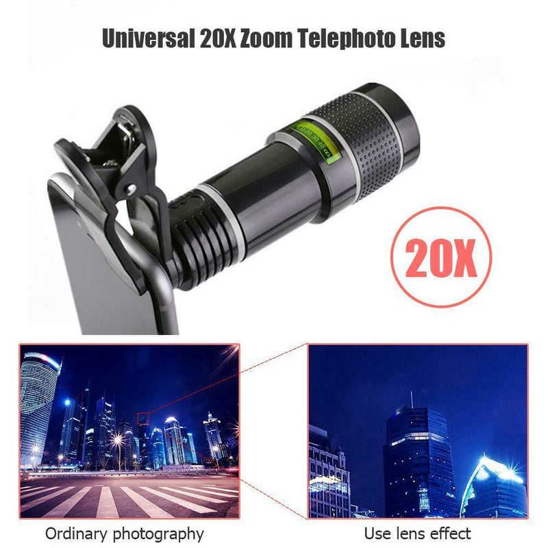 Universal 20X Zoom Telephoto Lens External Mobile Phone Camera Lens w/Clip SN9F
