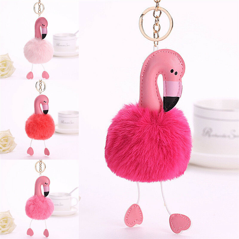 Flamingo Keychain Fluffy Faux Rabbit Ball Key Chain Women Car Bag Key Ring JClj