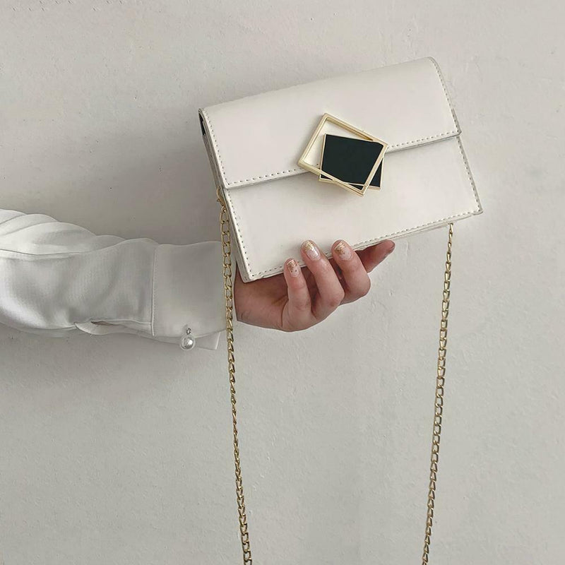 Solid Color Chain Shoulder Handbags Women PU Leather Crossbody Bags (White)