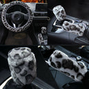 3Pcs /Set Gray Leopard Fluff Plush Steering Wheel Cover Winter Car AccessoryOZ