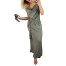 Short Sleeve Women Dress V-neck Binding Women Maxi Dresses (Army Green M) A