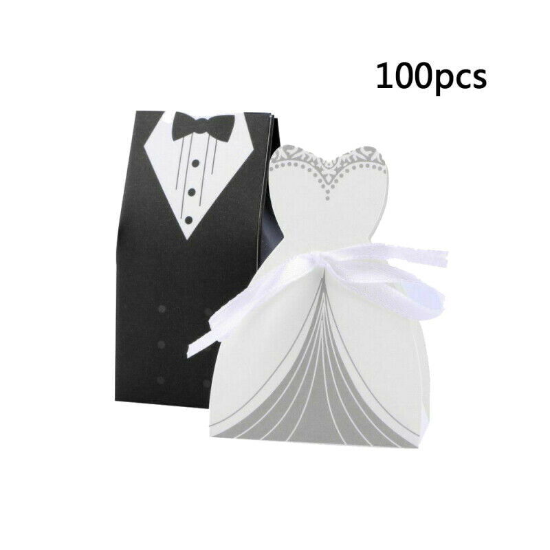 100pcs Bride and Groom Dress Candy Box Tuxedo Ribbon Party Wedding Favors IEM