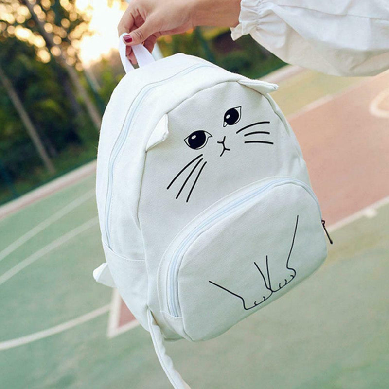 Women Canvas Lovely Cute Cartoon Cat Backpack Students School Bag(White)