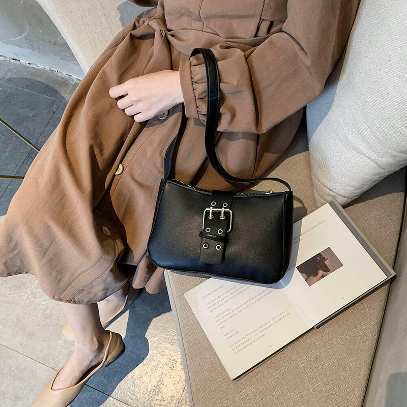 Women PU Leather Totes Handbags Solid Travel Shopping Shoulder Bags (Black) A