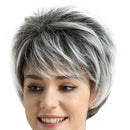 Women 10 inches Natural Gray Synthetic Short Straight Layered Wigs with Bangs
