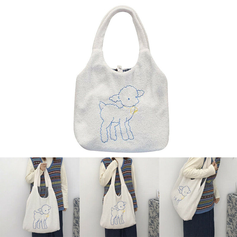Fleece Shoulder Bag Women Sheep Print Handbag Winter Fuzzy Crossbody Satchel