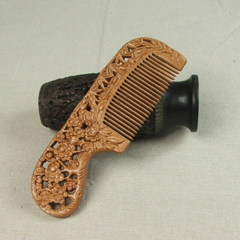 Handmade Comb Plum Blossoms Orchid Bamboo Chrysanthemum Carving Natural Pea U6Q7