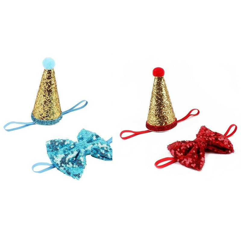 2 pcs Shiny Dog Cat Birthday Hat Party Costume Headwear Accessory Blue Red