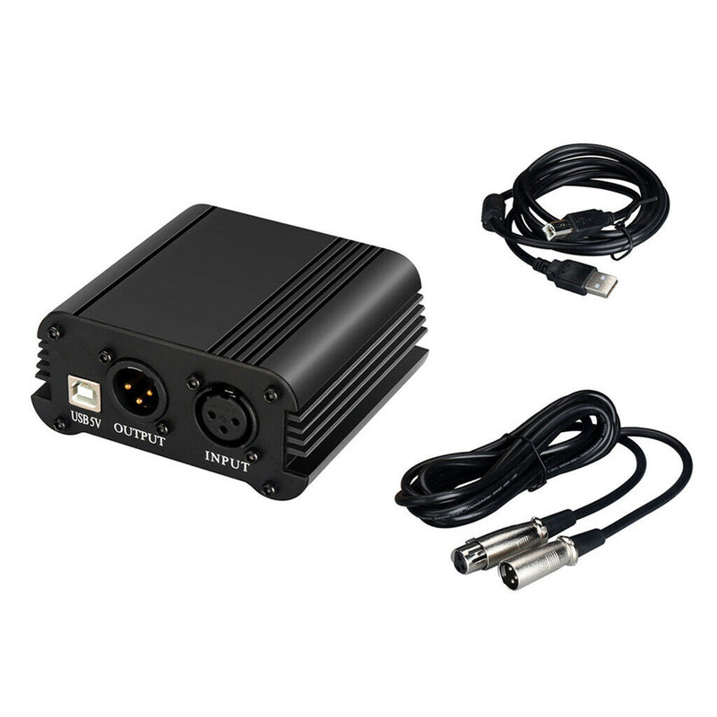 48V Phantom Power Supply with USB Cable XLR 3 Pin Mic Audio Cable for Condenser