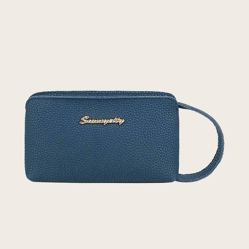 Women Handbag Leather Solid Color Money Purse Wrist Pocket Clutch (Blue)