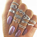 11pcs/set Flower Hollow Moon Leaves Ring Rhinestone Knuckle Rings Jewelry