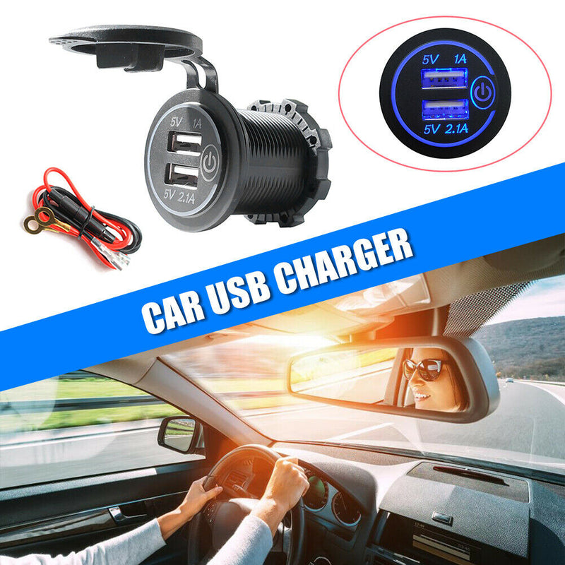 For Motorcycle Touch Switch 3.1A Dual USB Charger Socket Outlet with Power Cord