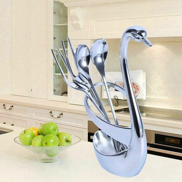 Swan Base Holder With Fruit/ Dessert Fork Cake Spoon Set Pastry Forks Creat S4B2
