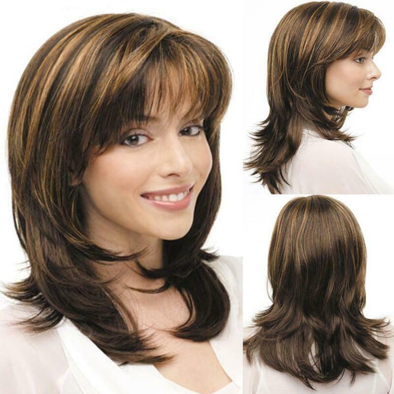 Women Short Synthetic Wigs Mixed Brown Straight Wavy Hair Wigs Natural for Party