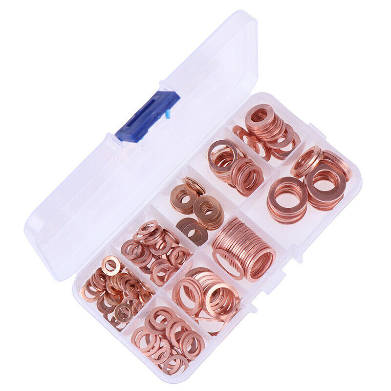 200x/Box Copper Washer Gasket Nut and BoltSet Flat Ring Seal Assortment Kit Ew