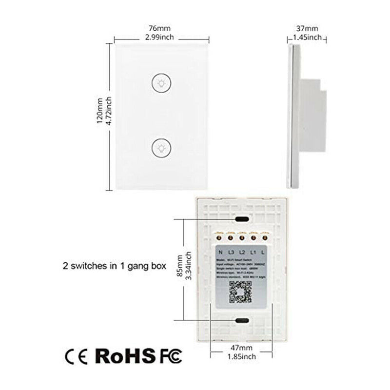 2 Gang WiFi Smart Light Wall Switch Touch Panel Voice Control US Standard A
