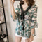 Women Plus Size Floral Print Chiffon Loose V-Neck Sleeve Top (Green) (XXL)