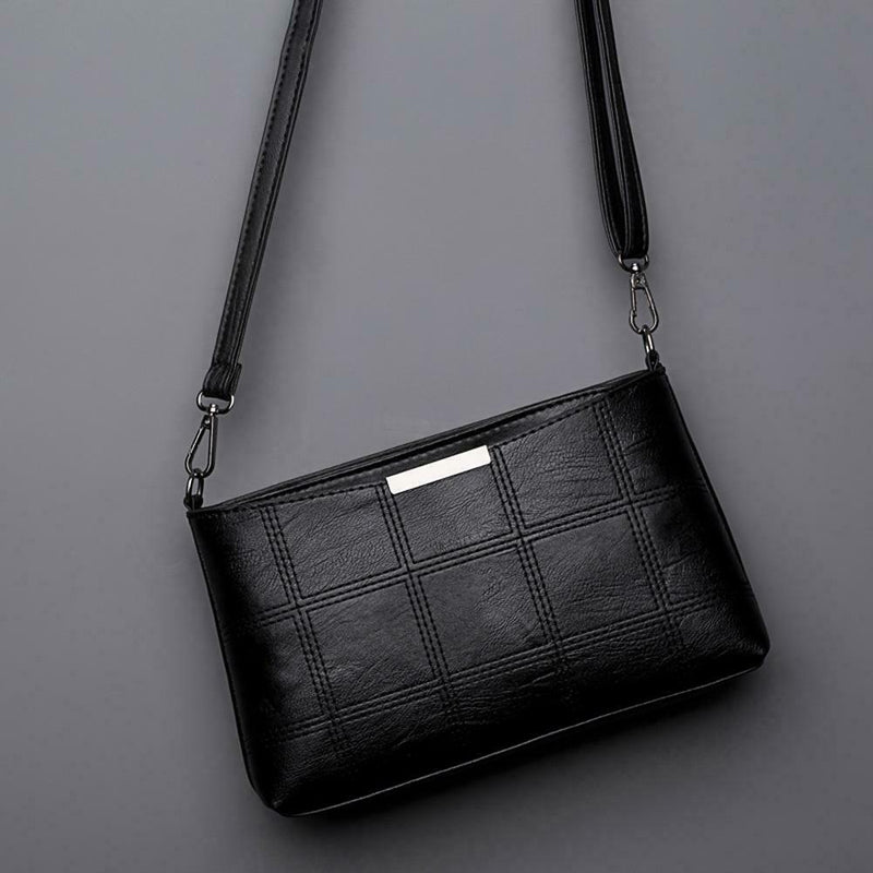 Fashion Korean Women Handbag PU Plaid Messenger Bag Shoulder Bags(Black)
