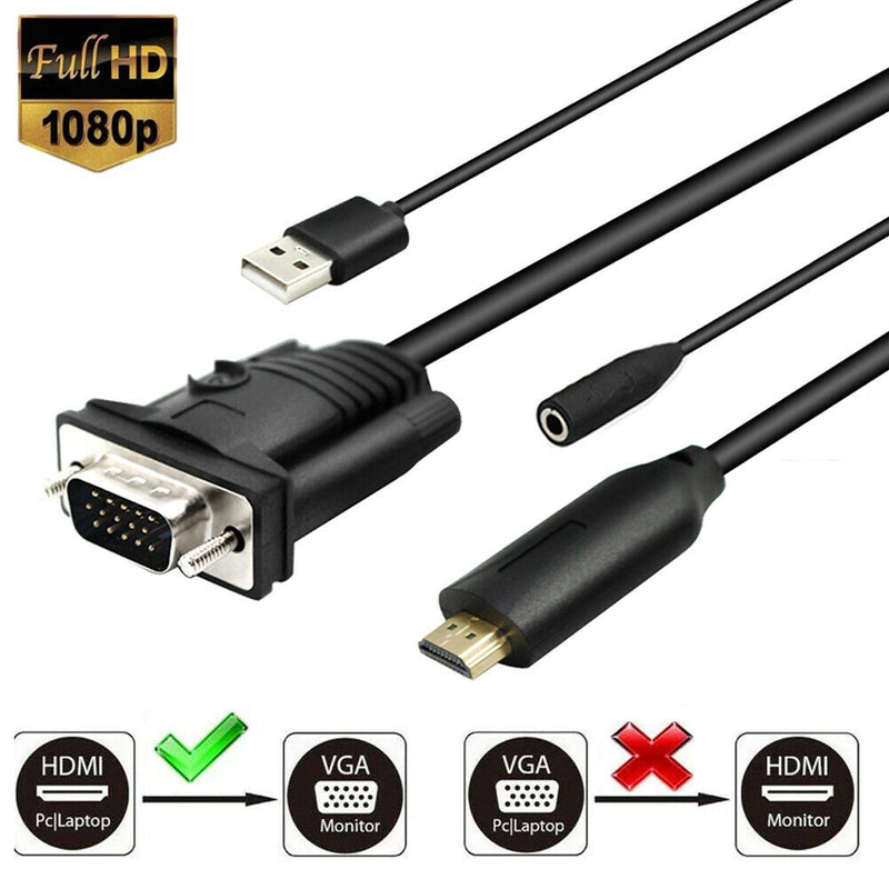 6ft HDMI to VGA Adapter w/Audio Male to Male Cable for PC Monitor Projector A