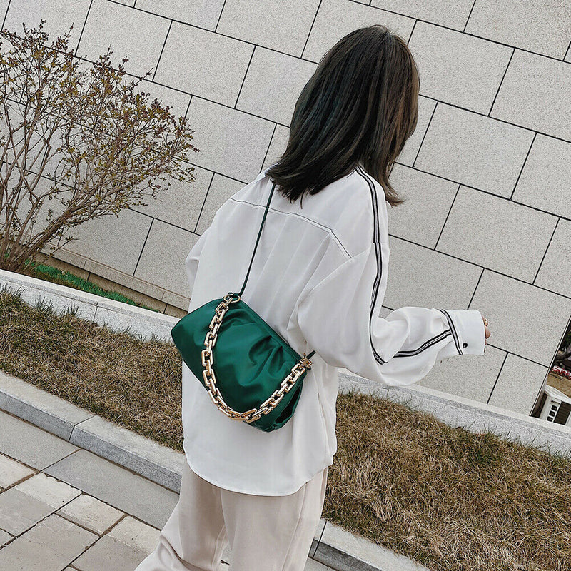 Women Chain Shoulder Bags PU Leather Cloud Party Clutch Handbag (Green)