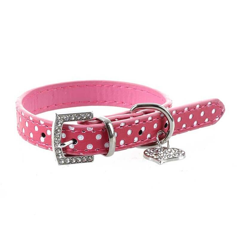 Rhinestone PU Leather Adjustable collar for Dog Cat Pet Pink XS