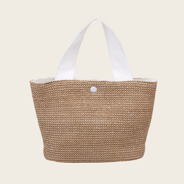 Women Straw Handbag Beach Woven Bucket Totes Travel Shopping Bag (White)