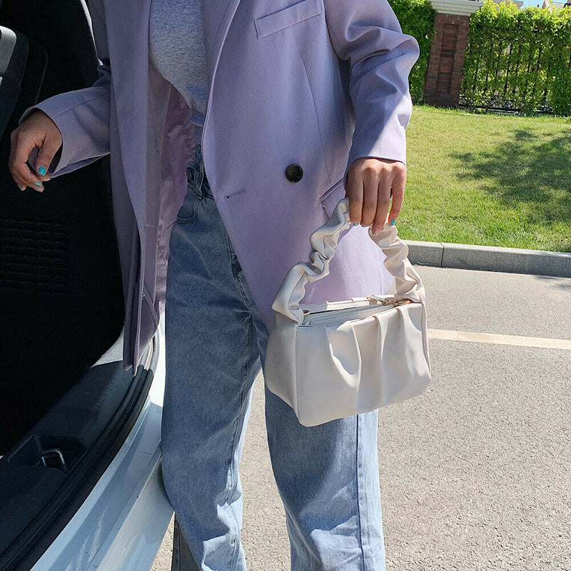 Women Candy Color Shoulder Bags Pleated Ruffle PU Totes Handbag (White)