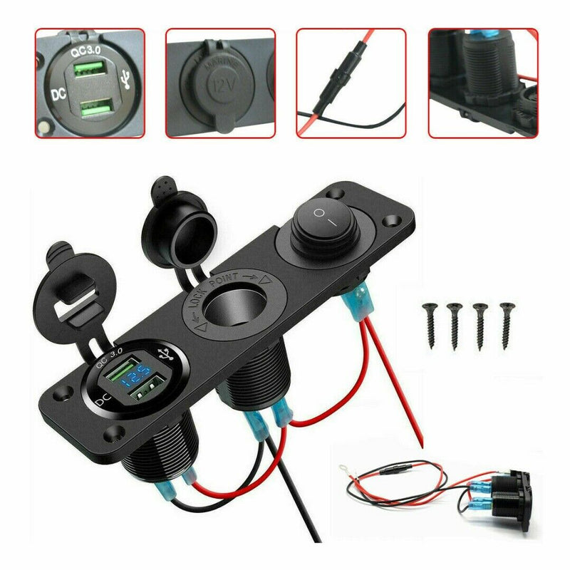 12V-24V Car Cigarette Lighter Socket + Dual USB Charger + Voltmeter Panel l-