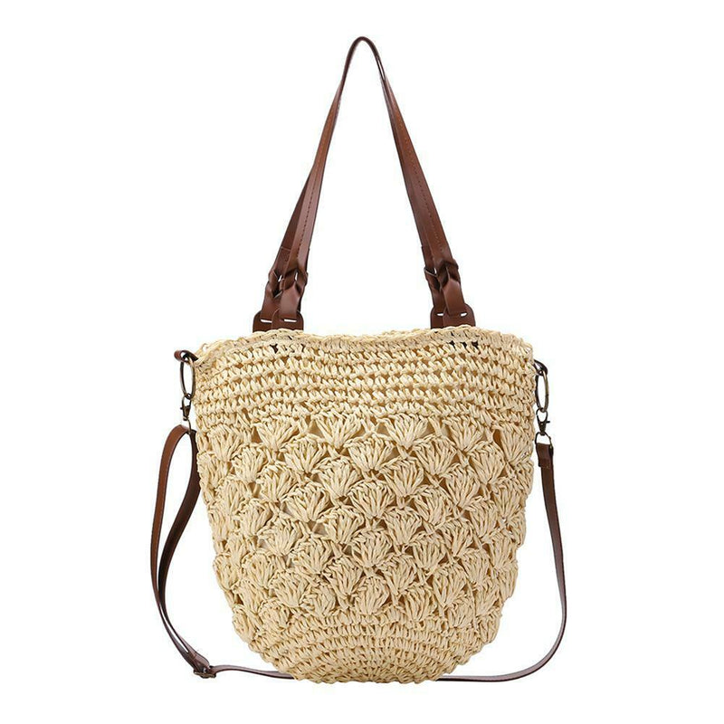 Straw Beach Woven Tote Bags Casual Women Shoulder Messenger Handbag (Beige)