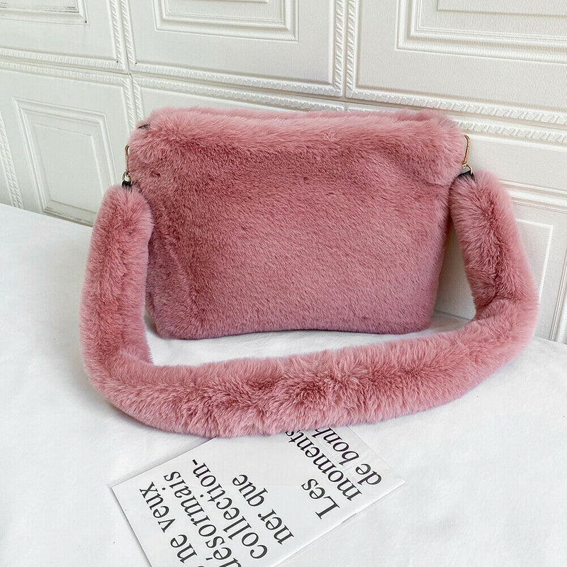 Women Plush Messenger Bag Big Capacity Fluffy Shoulder Handbags (Pink)