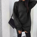 Solid Color Sweater Dress Women High Neck Long Sleeve Dresses (Black L)