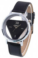 Female Male Glass Pic Triple-cornered Leatherlet Analog Quartz Watch Black